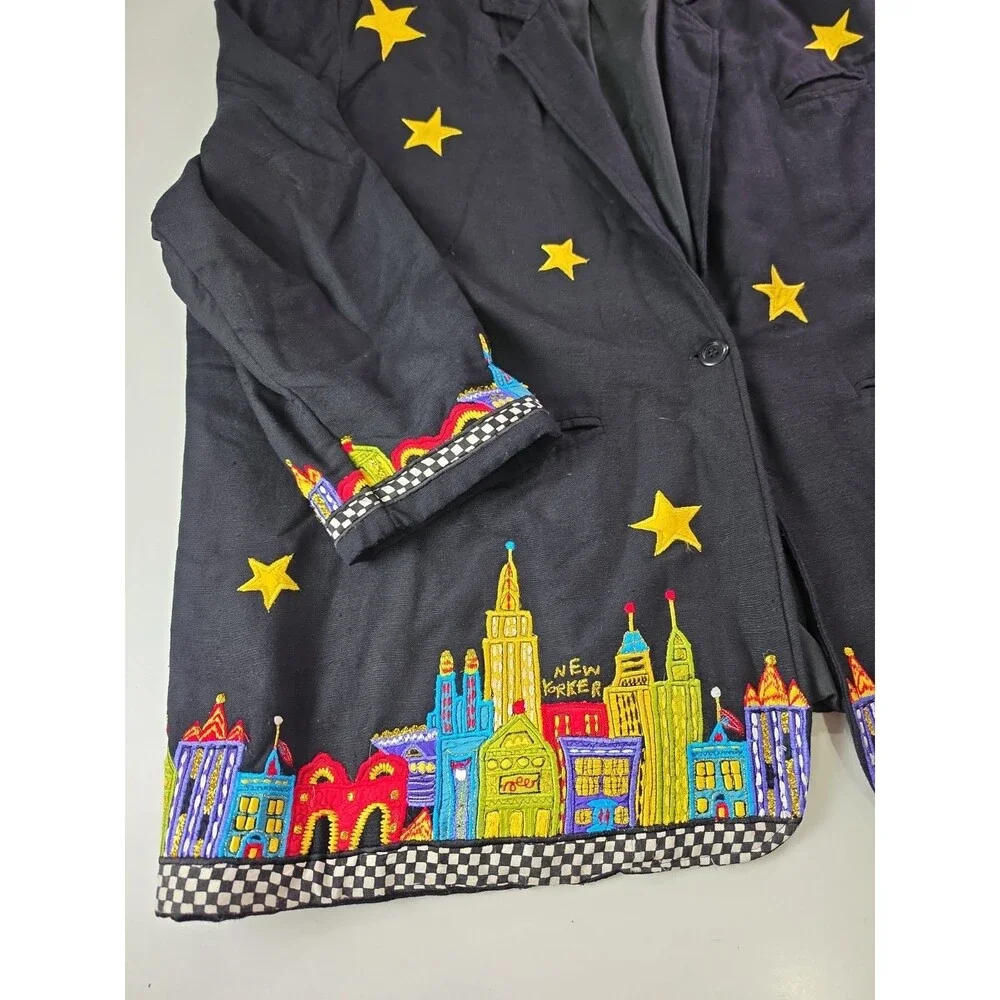 Vintage Womens Anage City Scape New Yorker Blazer Jacket 2X Embroidered Stars